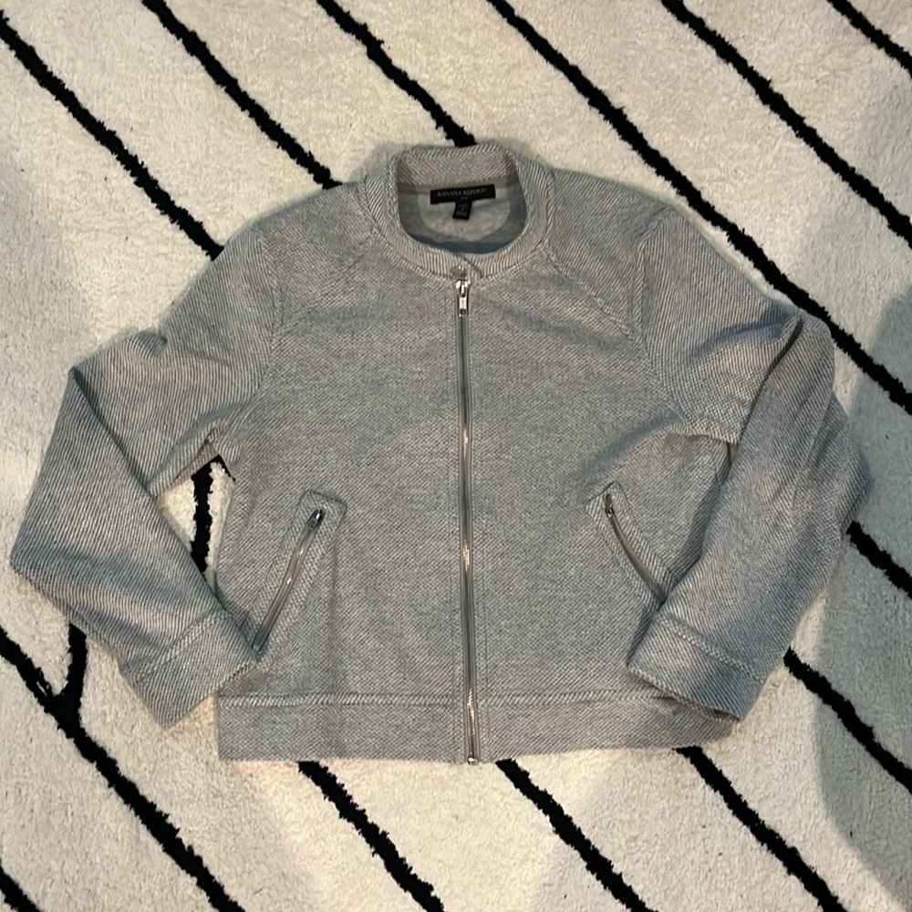 Gray Banana Republic Moto Jacket.